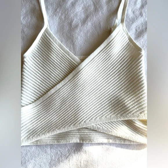 Aerie Ribbed Crossover Crop Top Y2K Neutral Elevated Basic Wrap Cottagecore Sz S - Picture 7 of 11